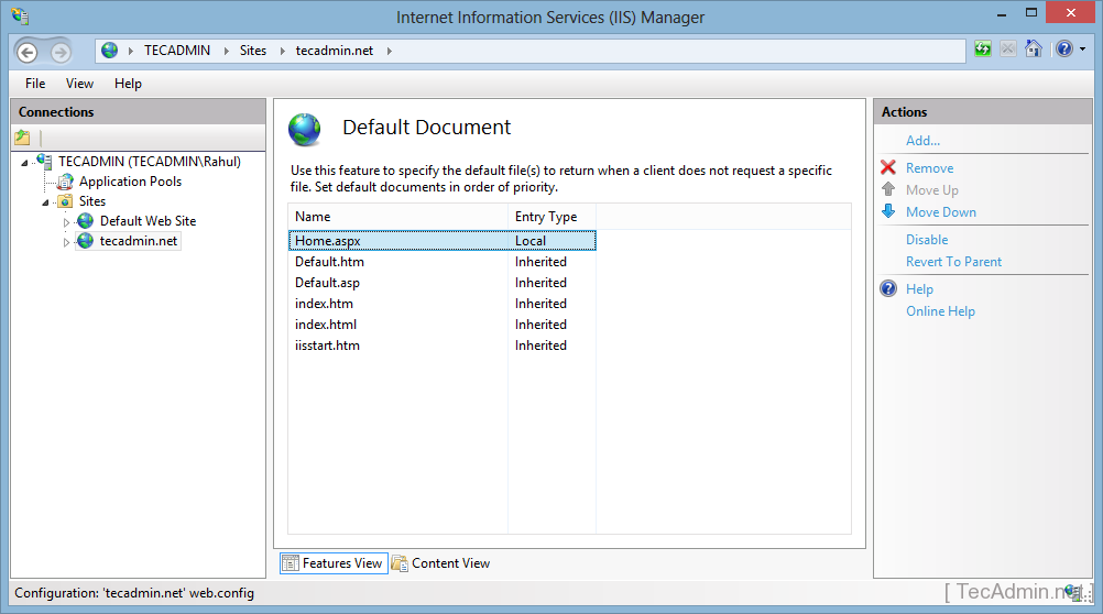 Sites default files. Features view IIS.