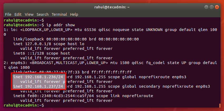 Ubuntu check local ip command 