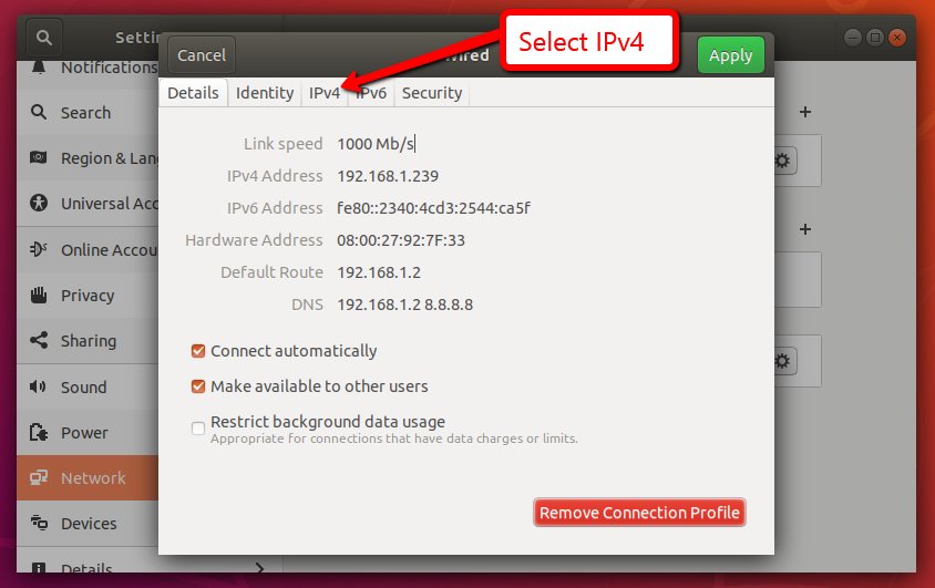 Ubuntu IPv4 settings tab