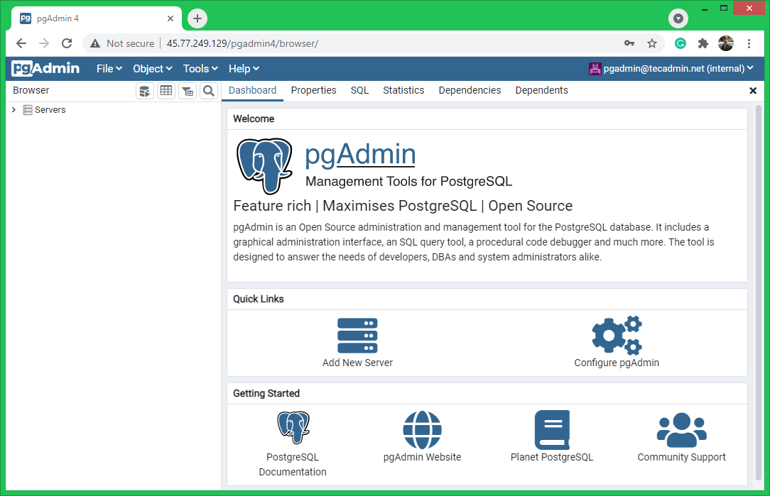 pgAdmin Dashboard on Fedora