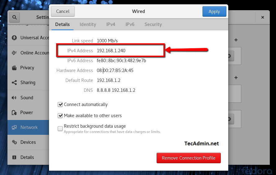 How to Check IP Address on Fedora Desktop   TecAdmin - 84