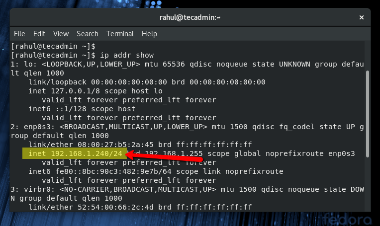 fedora find mac address