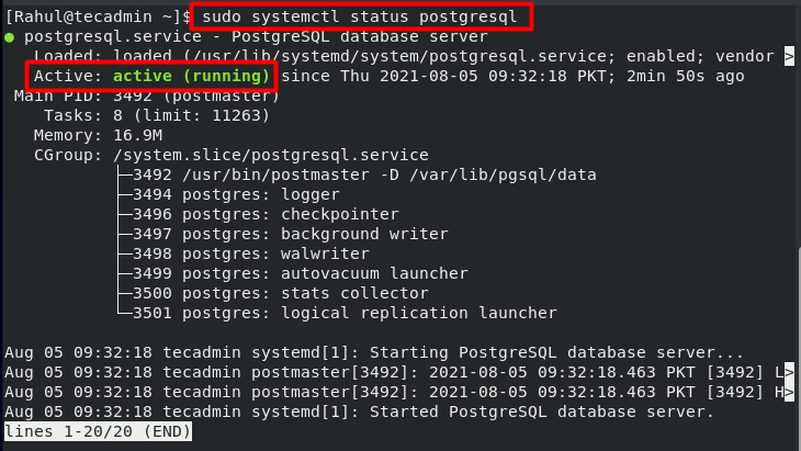 PostgreSQL service status on CentOS 8
