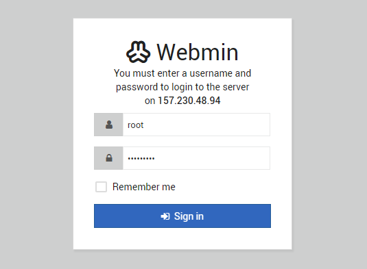 Página de login do Webmin em 20.04