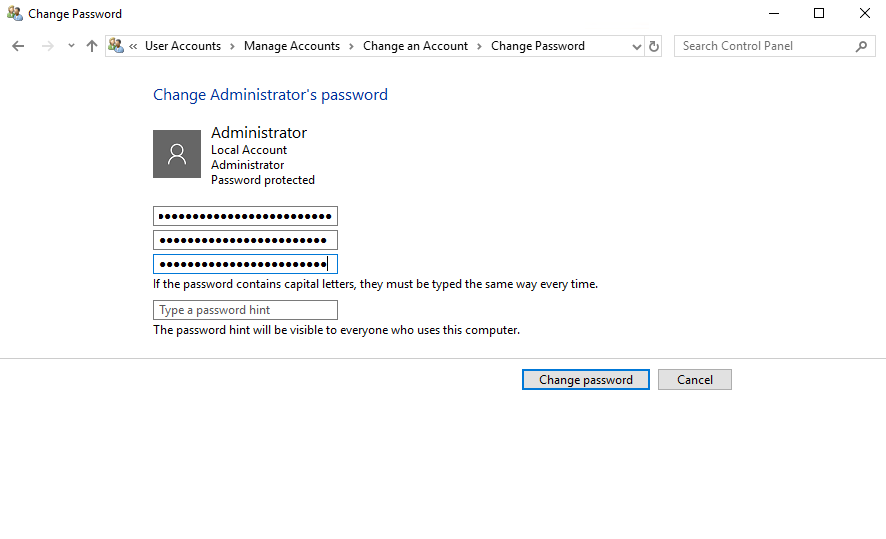 Set a new password for user in Windows Server 2019