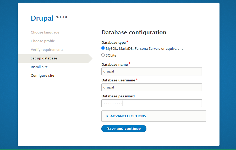 Drupal Installation Add database Details