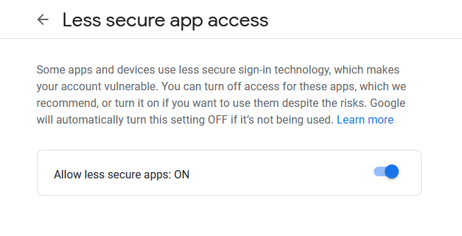 Enable less secure apps setting in Gmail