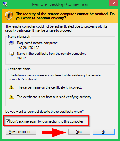 Accept Certificate Warning with Fedora Remote Desktop