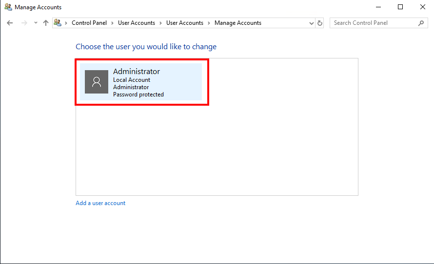 Select Account to Change password in Windows Server 2019