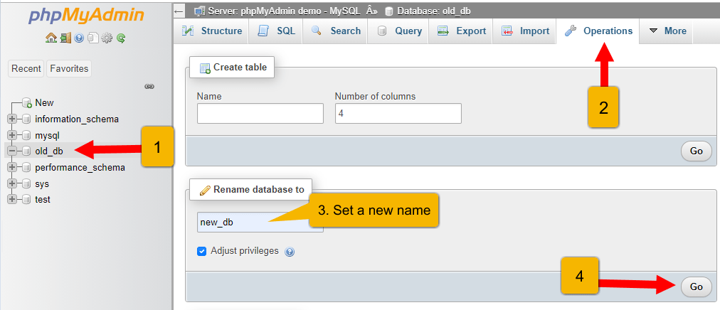 phpmyadmin rename database without dropping it