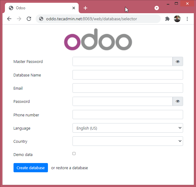 Odoo Database Setup Page