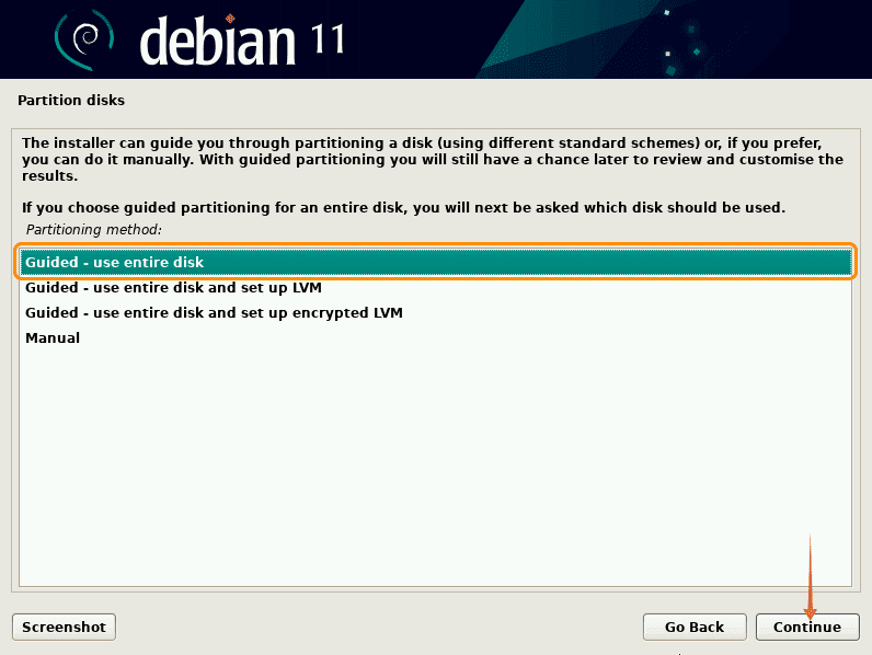 Select disk partitioning method