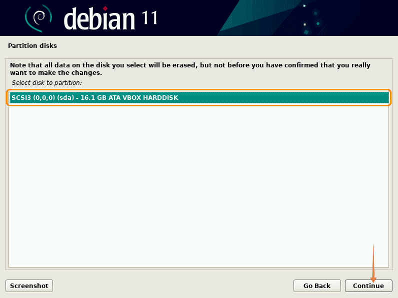 Select drive for installing Debian 11