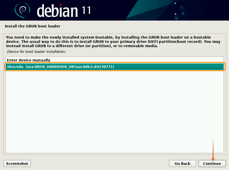 Select disk for boot loader
