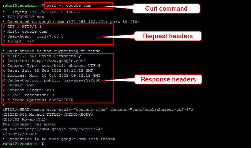 how to get request and response header with curl