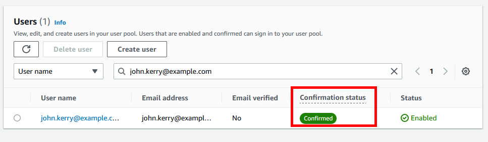AWS Cognito User with Confirmed Status