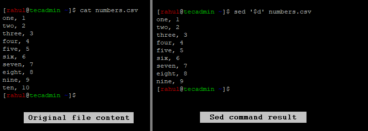 Sed command example to delete last line from file