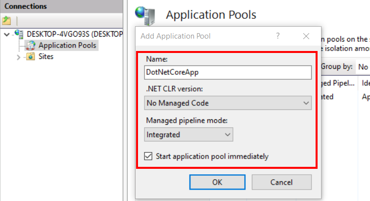 Create IIS Application Pool for .NET Core