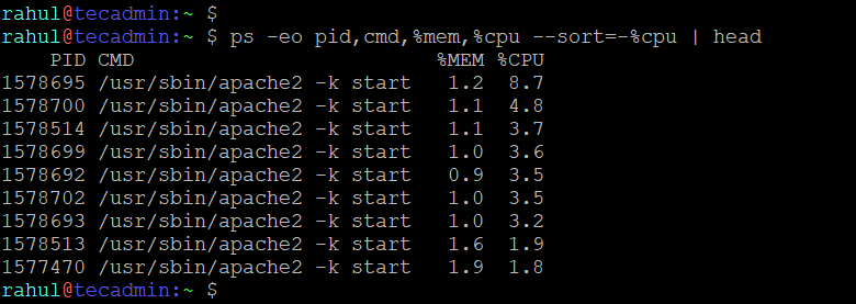 Top 10 processes by high CPU uses