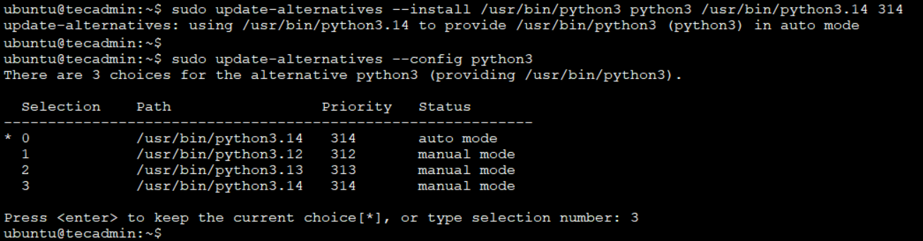 Set Python 3.14 as default version on Ubuntu